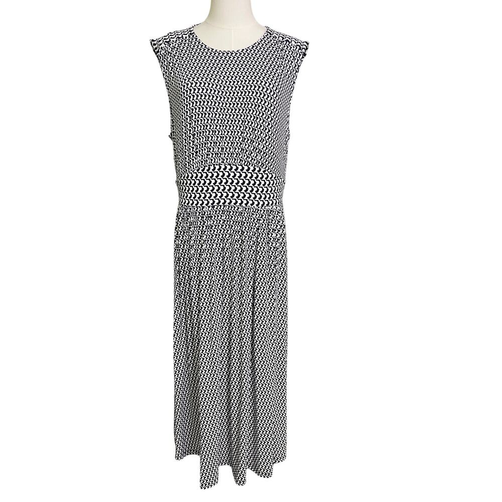 Boden Midi Dress Navy White Geometric Sleeveless Fit Flare EcoVero US 10